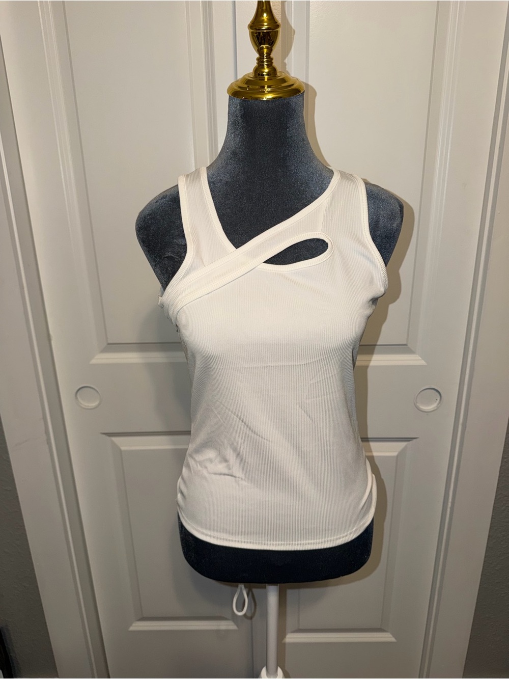 Women’s White Asymmetric Cutout Ribbed Tank Top